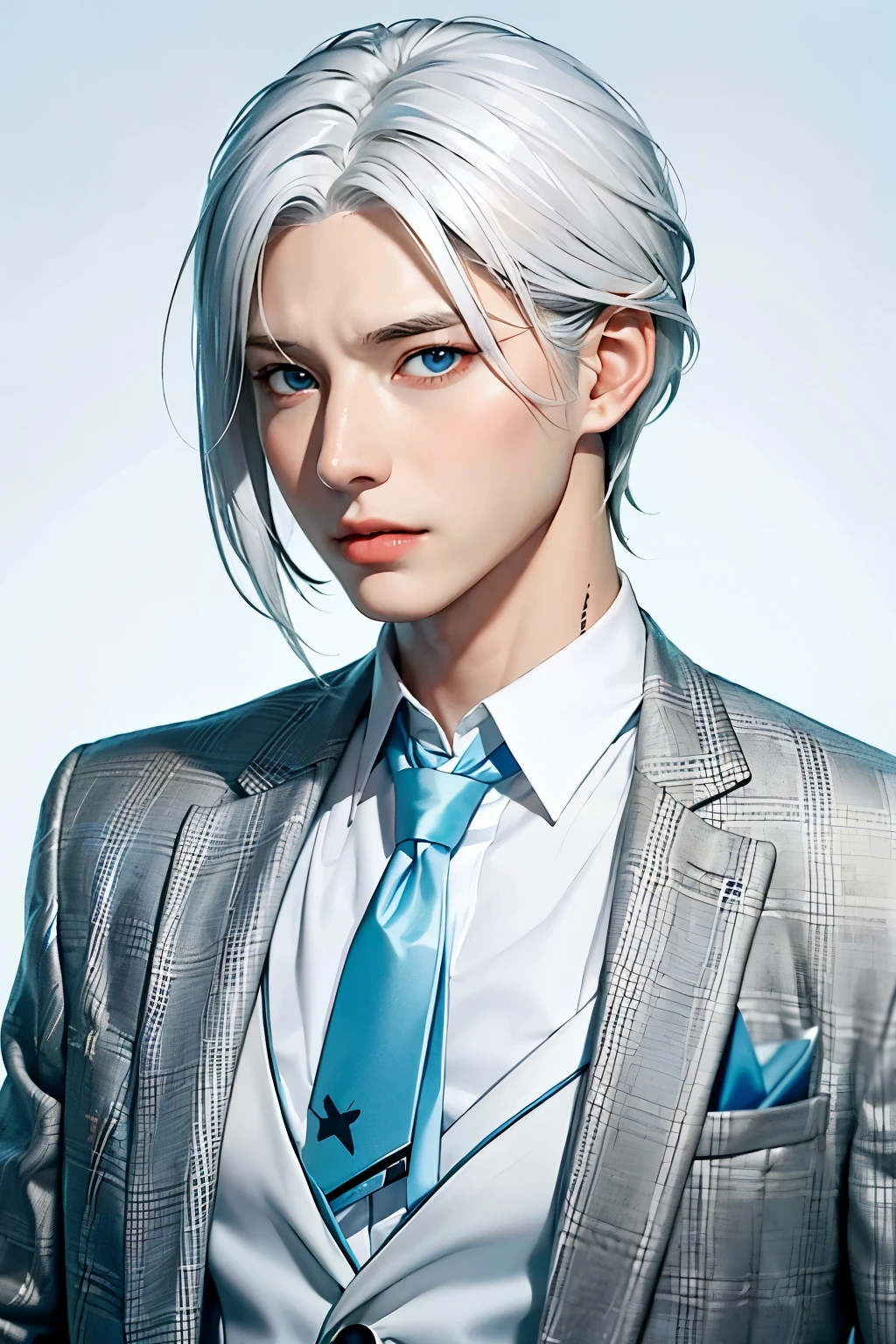 Boy, white hair, blue eyes, serious sharp features, white skin, shirt, jacket