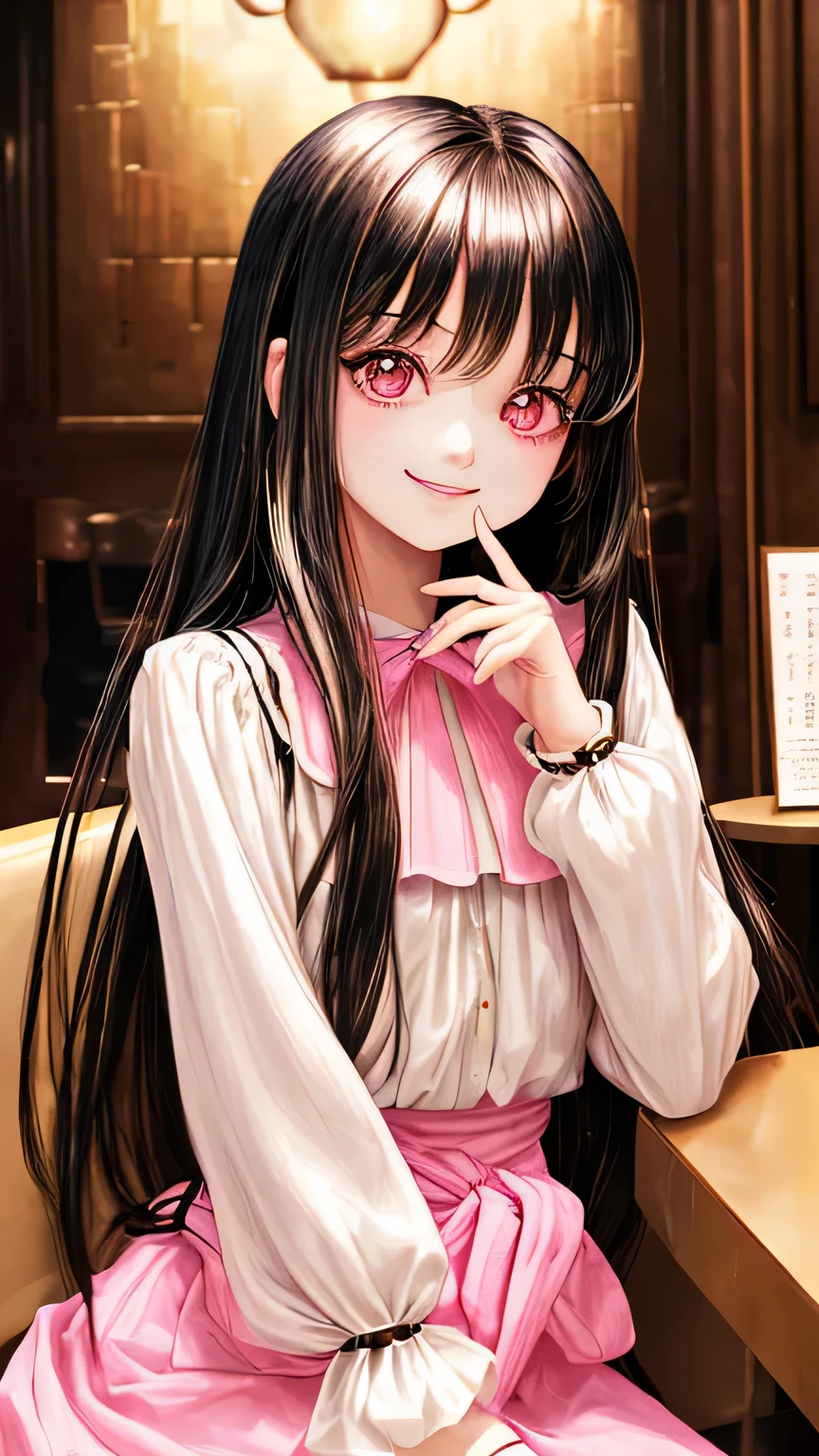 sitting on a chair in a stylish cafe A young cute girl with shiny long hair and bangs Smile and laugh Upper body from the waist up Idol type with big eyes White long sleeve blouse and pink long skirt face forward highest quality High resolution