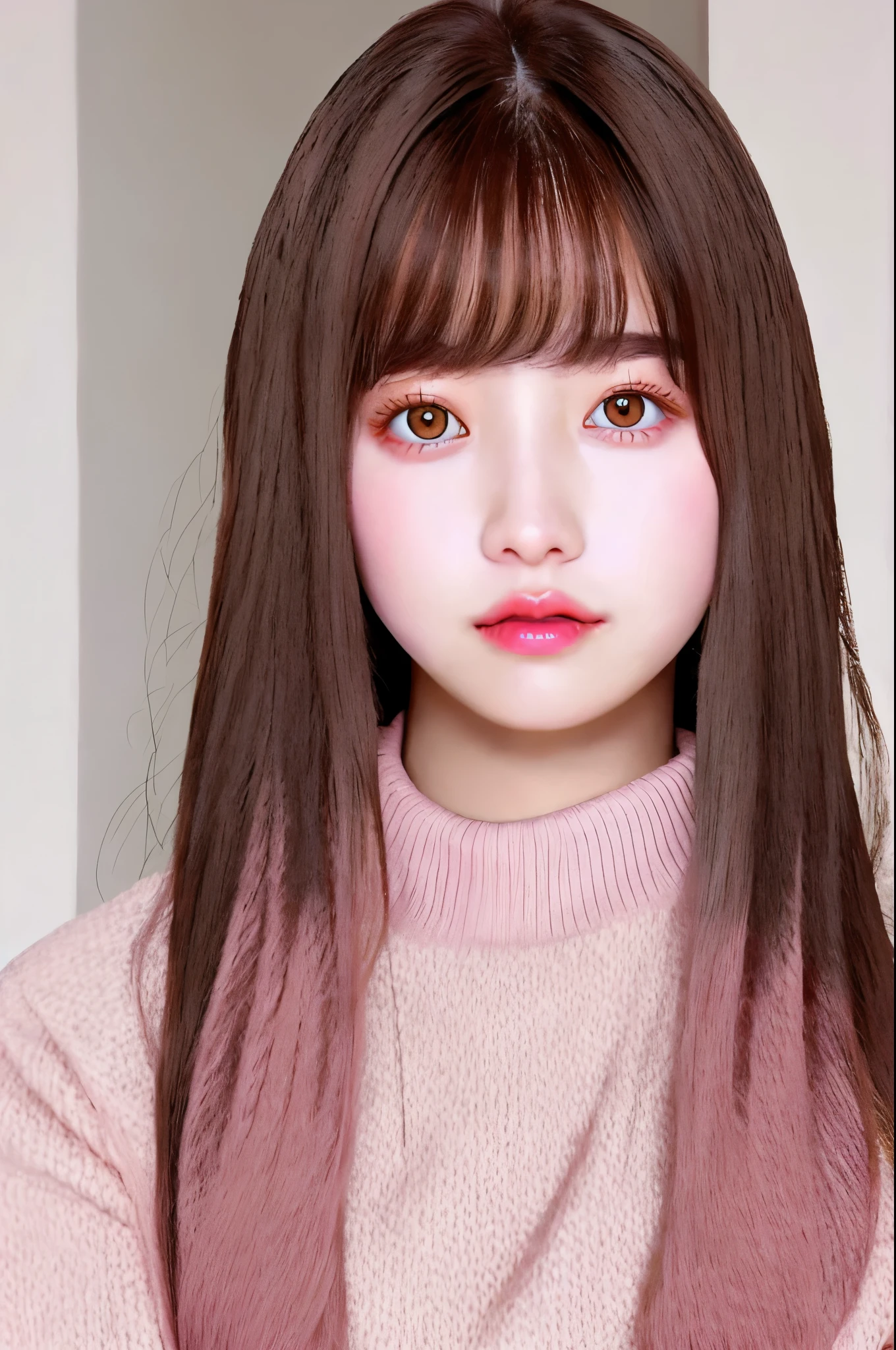 Girl, long light brown hair, gray eyes, cold features, white skin, pink lips, sweater