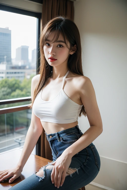 ((best quality)), ((masterpiece)), (detailed), perfect face, top Quority，Ultra-clear resolution,  Brown hair. layered length. Bangs. ((Korean  15 years old)). Slender abs:1.1. (big breasts:1.3), make-up face. Red lipstick. Brown hair. layered length. Bangs. ((Ripped jeans tights. Halter Triangle t shirt)). Stand. sexy butt. small thigh circumference. inside the hotel. in front of a glass wall. daytime city view