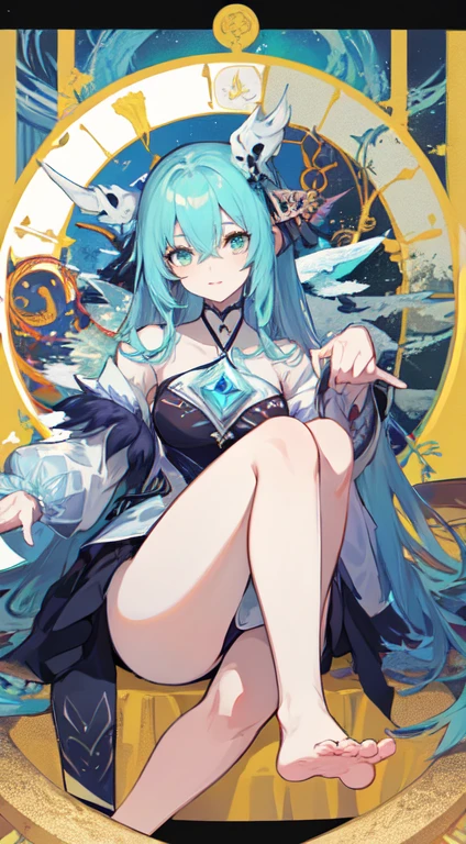 22-year-old female ,Long light blue hair, green eyes, Thin, Big , dragon girl, Ryukaku, Blue western style light clothing, barefoot, magic circle, Make it like tarot anime style but without the frame, penetrating eyes , ice冷能量, ice冷藍色粒子, ice, crystal