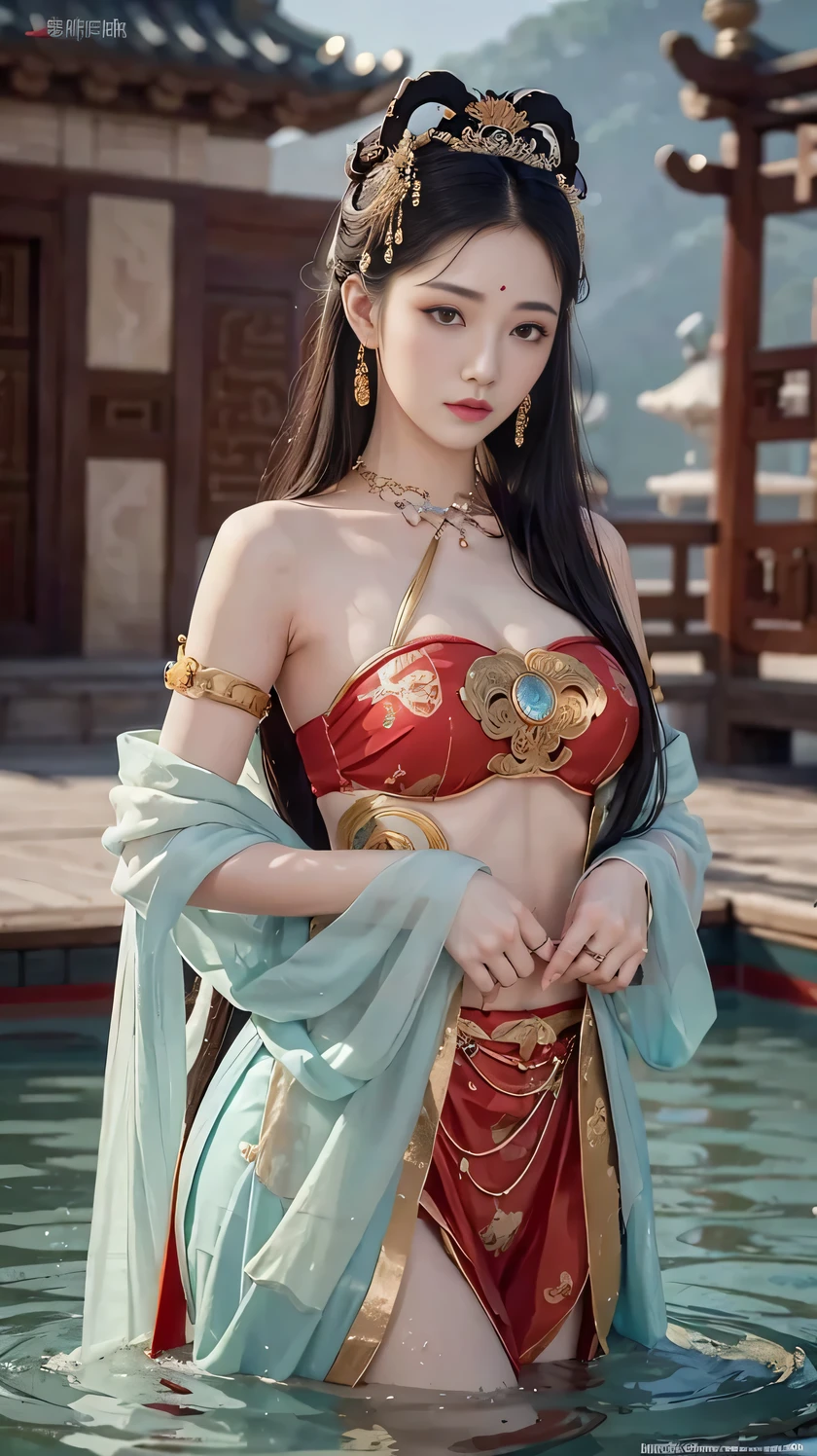 Chinese ancient style beauty,Exquisite facial features,Standing in the water of the large bathing pool of the Chinese Imperial Palace,Dunhuang dancer Feixian's clothes,Heavy makeup,long flowing hair,Flowing sea,favored,Meticulously depicting face,Exquisite headdress,Chinese ancient style,Internet celebrity figure,Beautiful and moving,Ambiguous atmosphere,Mature and steady mind,weak and gentle,Masterpiece,Meticulous depiction,Super close range,full of charm,Various styles,Exquisite gentleman wallpaper,seduce men,enchanting,sad expression,ultra high definition,Charming and coquettish poses,sexy