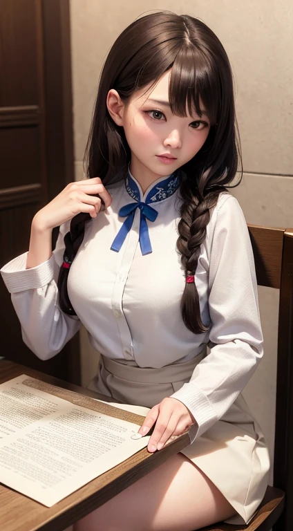 a woman sitting at a table with a cup of coffee, a character portrait, inspired by Mei Qing, trending on pixiv, shin hanga, extremely realistic photo, long braided white hair, plastic doll, 8k render”, .ai, jk white uniform, super realistic photo, blue android eyes, photorealistic -20, shirt, white, bjd