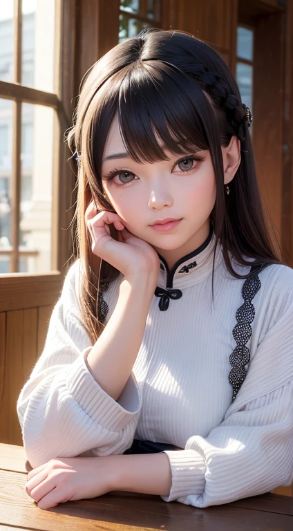 a woman sitting at a table with a cup of coffee, a character portrait, inspired by Mei Qing, trending on pixiv, shin hanga, extremely realistic photo, long braided white hair, plastic doll, 8k render”, .ai, jk white uniform, super realistic photo, blue android eyes, photorealistic -20, shirt, white, bjd