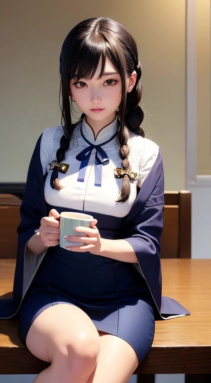 a woman sitting at a table with a cup of coffee, a character portrait, inspired by Mei Qing, trending on pixiv, shin hanga, extremely realistic photo, long braided white hair, plastic doll, 8k render”, .ai, jk white uniform, super realistic photo, blue android eyes, photorealistic -20, shirt, white, bjd