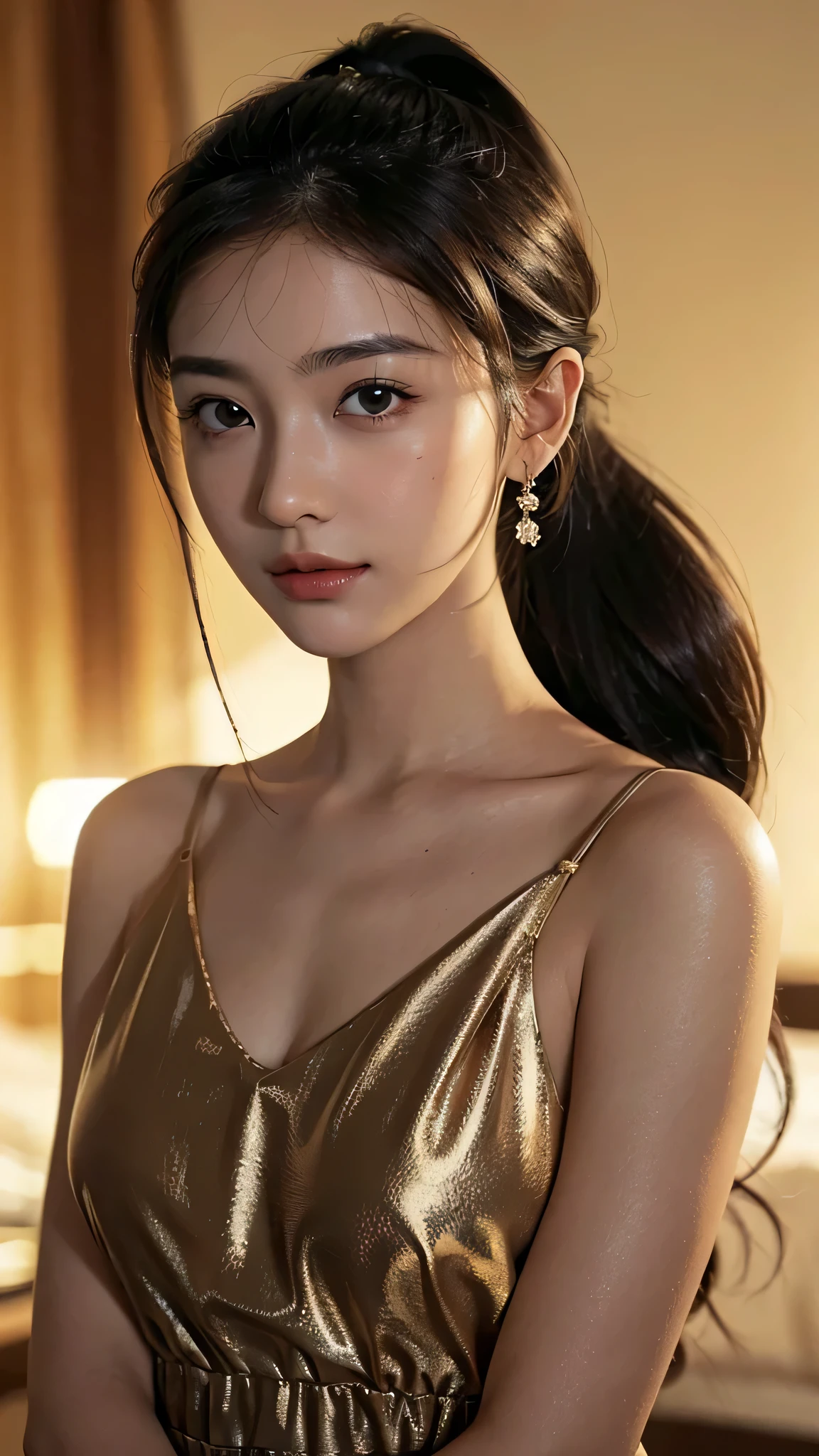 One woman,fully body photo,masutepiece, The highest image quality, High quality, the background is clear,Beautiful woman, Japanese, Detailed, Detailed eyes, Detailed skin, Beautiful skin, 超hight resolution, (reality: 1.4),Very beautiful woman, Slightly younger face, Beautiful skin, slender, (Ultra photo realsisim), (hight resolution), (8K), (Very detailed) (beautifully detailed eyes), (super detailed), (Detailed face), view the viewer, Fine details, Detailed face, Staring straight ahead, Staring straight ahead, photos realistic, Bright lighting, Professional Lighting, Black hair,poneyTail,a baby face,sixteen years old,Hairstyle is ponytail,long ponytail hairstyle,slight smile,Orange colored long dress with lots of ruffles, softly shaped skirt,Spotlight on stage,close-up of face,