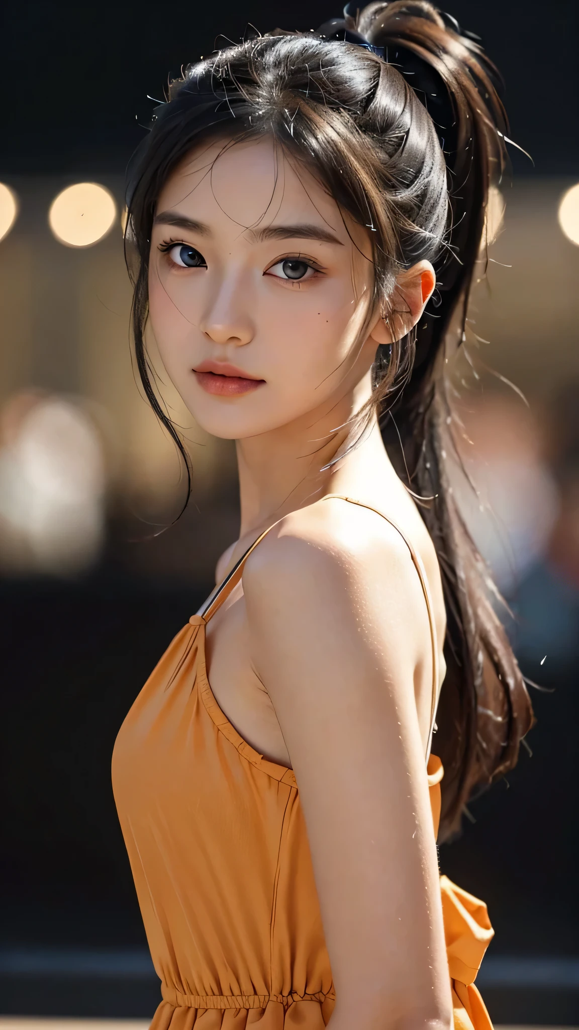 One woman,fully body photo,masutepiece, The highest image quality, High quality, the background is clear,Beautiful woman, Japanese, Detailed, Detailed eyes, Detailed skin, Beautiful skin, 超hight resolution, (reality: 1.4),Very beautiful woman, Slightly younger face, Beautiful skin, slender, (Ultra photo realsisim), (hight resolution), (8K), (Very detailed) (beautifully detailed eyes), (super detailed), (Detailed face), view the viewer, Fine details, Detailed face, Staring straight ahead, Staring straight ahead, photos realistic, Bright lighting, Professional Lighting, Black hair,poneyTail,a baby face,sixteen years old,Hairstyle is ponytail,long ponytail hairstyle,slight smile,Orange colored long dress with lots of ruffles, softly shaped skirt,Spotlight on stage,close-up of face,