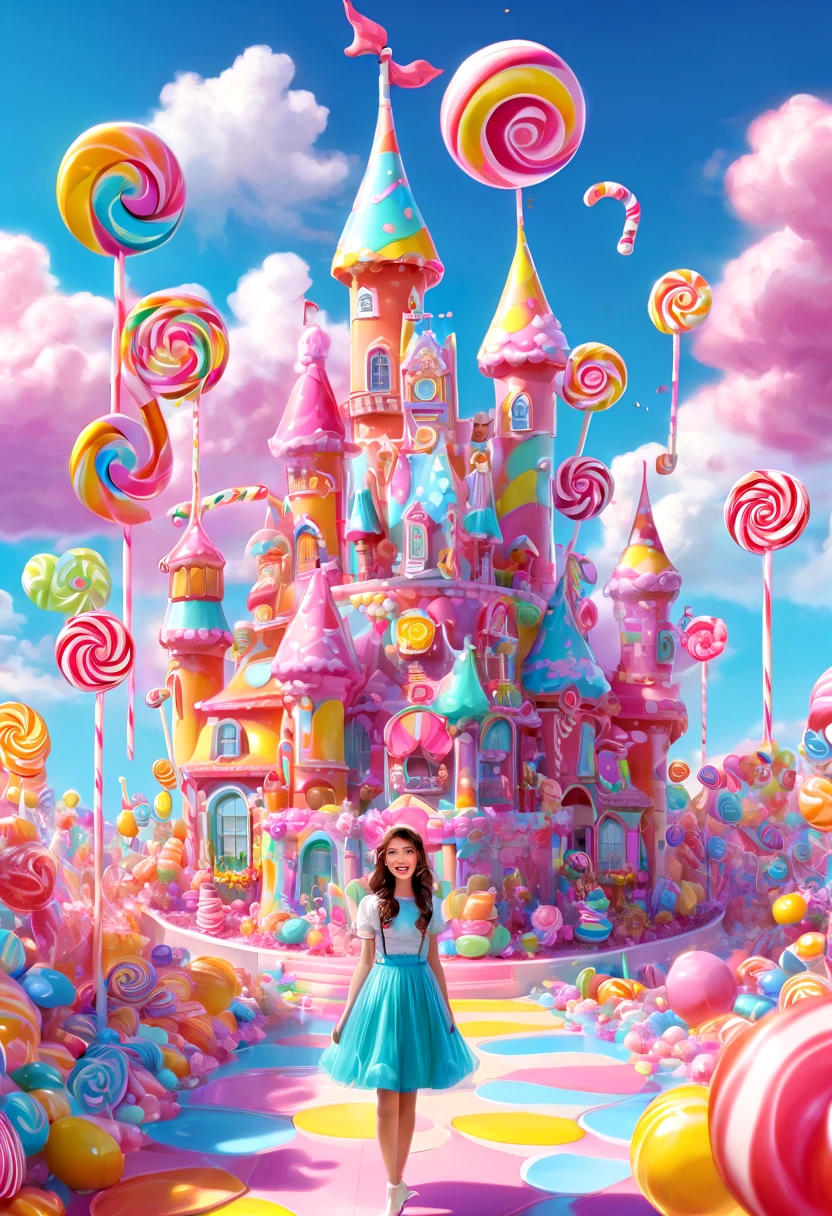 1girl, Candyland, aesthetic, (best quality, highres), ultra-detailed, (realistic:1.37), vibrant colors, candy-themed, dreamlike, enchanting, whimsical, sunlit, joyful, playful, sugary attire, magical, enticing aroma, candy castle, candy river, cotton candy clouds, lollipops, candy cane columns, sugar sculptures, gumdrop boats, candy fish, vibrant flowers, cheerful musicians