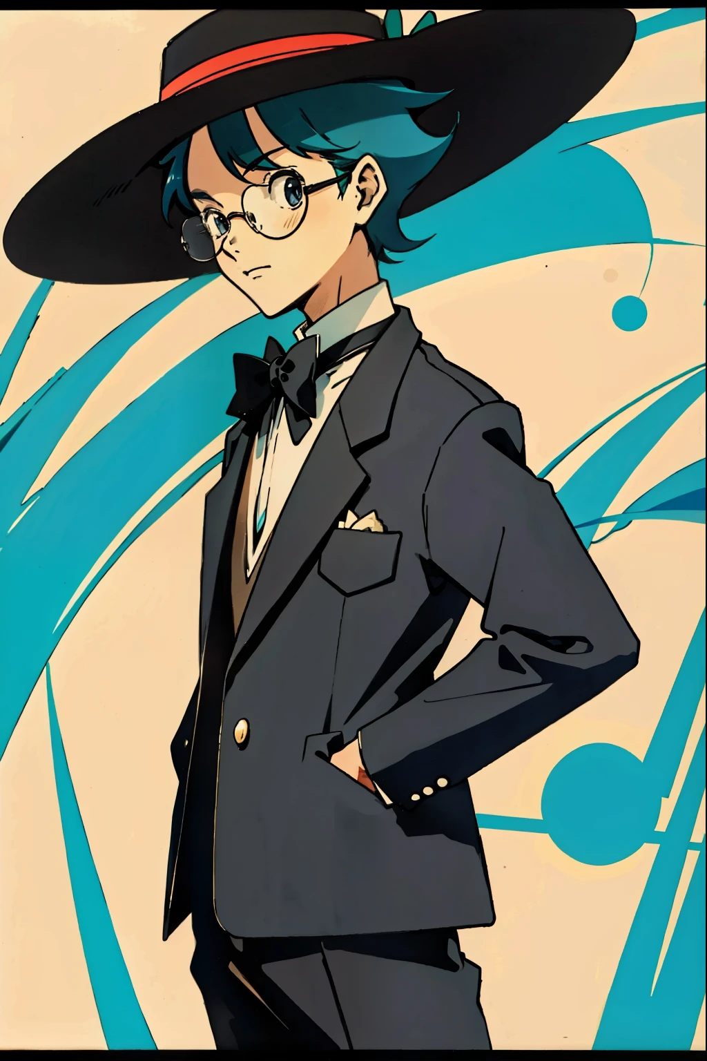 by Ken Sugimori, sugimori 1990s, ((only 1man)), male figure, homburg hat, white shirt, bow tie, tweed suit, glasses, ((no background)), ((hands behind their back)), full black pupils, manga, best quality, highly detailed, clean lines, cowboy shot, good hands, good eyes, hd, 8k, professional, symmetrical, hires, 8k,