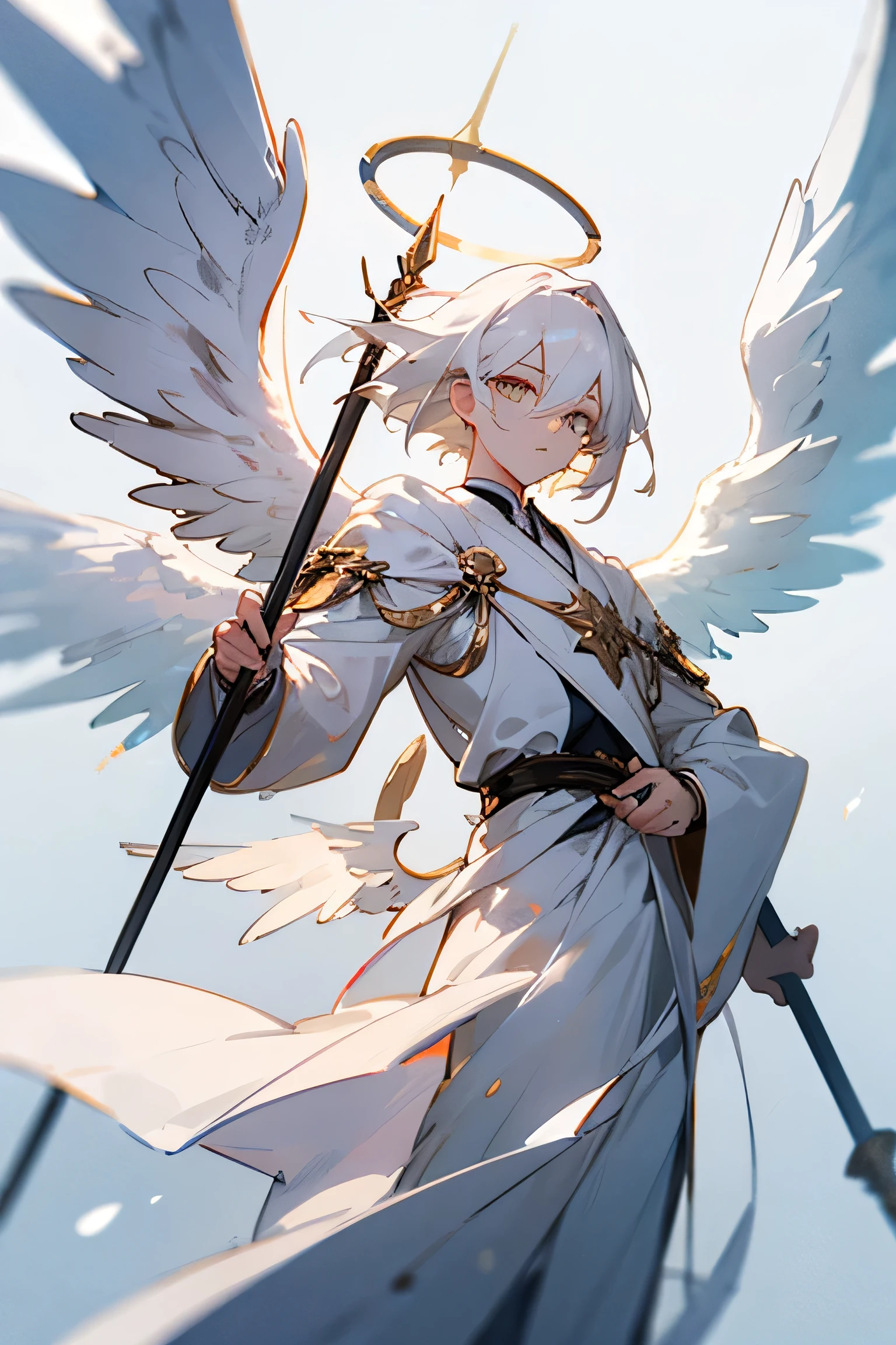Male, white hair, White eyes, Halo, White clothes, Six wings, holding White staff