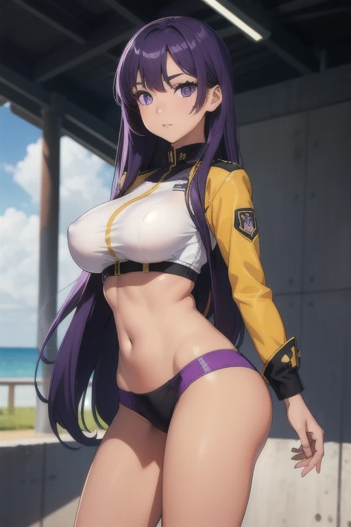 A girl with long straight purple hair and purple eyes with tan skin and full breasts standing straight facing the viewer in a uniform, perfect,