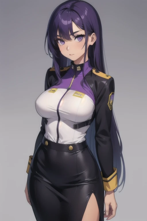 A girl with long straight purple hair and purple eyes with tan skin and full breasts standing straight facing the viewer in a uniform, perfect,