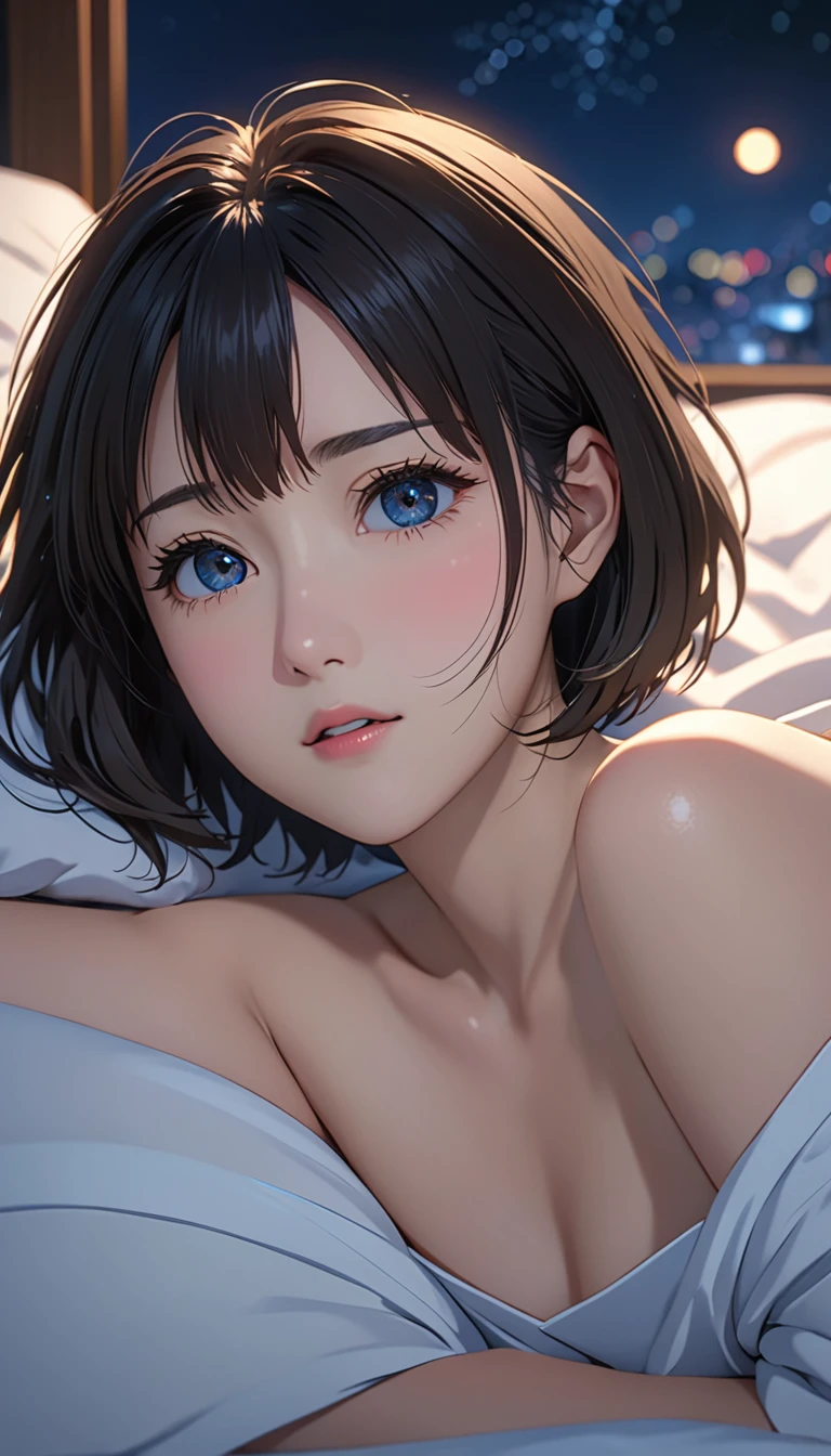 National Science Foundation,masterpiece, High resolution, digit, Kyoto Animation Style, Your name is cinematic style, night, midnight, Light, (1 female: 1.3), (alone: 1.4), long eyelashes, short bob, , lying down, Upper body,Lying in bed、dynamic poses,close up,Close up,off shoulder skirt