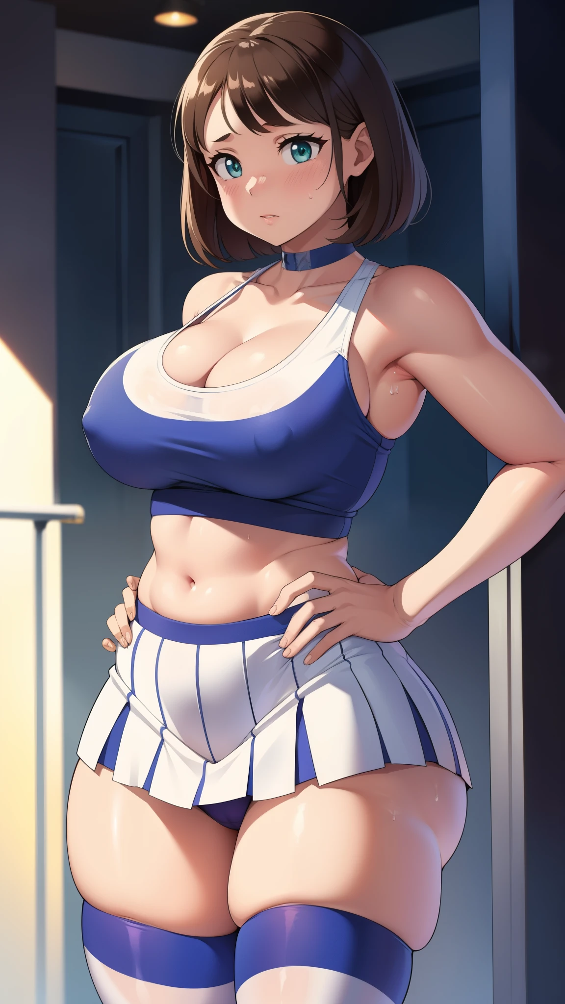 ((Masterpiece)), perfect anatomy, perfect shading, field of depth, (best quality), extremely delicate and beautiful, perfect lighting, detailed face, ultra cute face, cute, (cowboy shot 1.2), looking at viewer, (full body), (((1girl))), (((solo))), cheerleader
short hair, fluffy hair, brown hair, green eyes, ((blush))), (cheerleader uniform), (blue and white tank top 1.2), (short section red skirt 1.2), thigh highs, chocker, extremely tight clothes, large breasts, cleavage, perky breasts, wide hips, thick thighs,
School gym, intricate background, detailed background, sweaty, out of breath, hands on hip