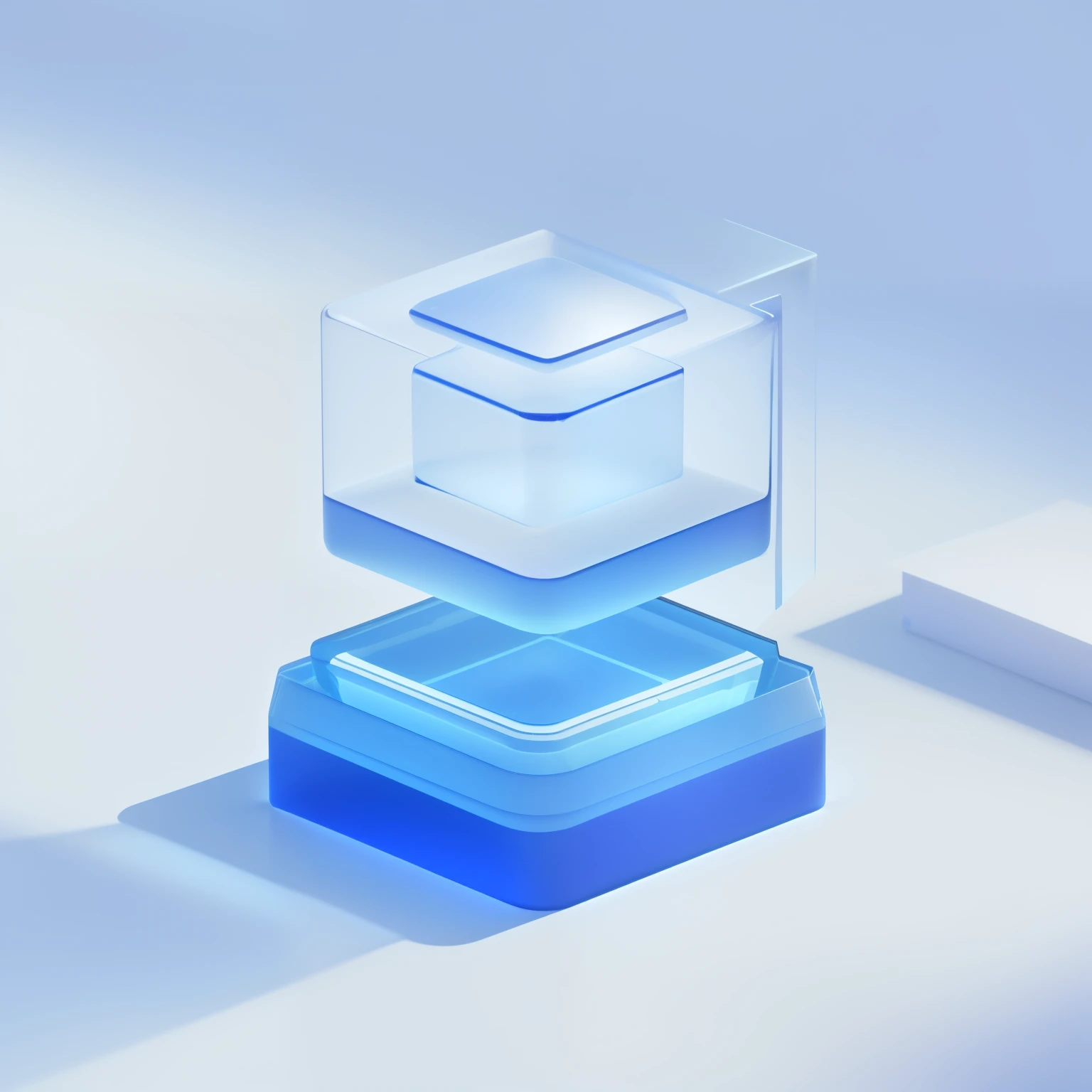 There is a blue box with a lid and a blue box with a lid, Translucent Cube, Depicted as 3D rendering, Crisp shapes, 3d minimalist, glass shader, blue shift rendering, Clean 3D rendering, Clear geometry, stylized layered shapes, glowing blue interior components, 3D appearance, Double action rendering, isometric style, Transparent glass