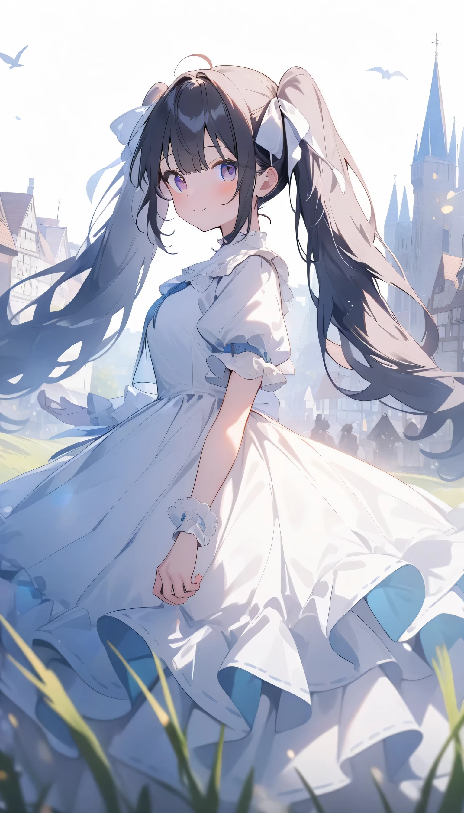 (highest quality、masterpiece、High resolution、detailed)、4K、beautiful anime、(Shining eyes、detailed beautiful face)､no text, 1girl,
BREAK
anime,white background,double exposure silhouette twintail girl and grass in medieval town photo scenery,wearing layered dress