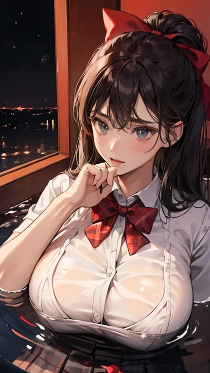 (in the dark:1.6) , big breasts , big tits , school girl Soak in water , skirt dark red , plaid skirt , pleated skirt , red knot , red bow