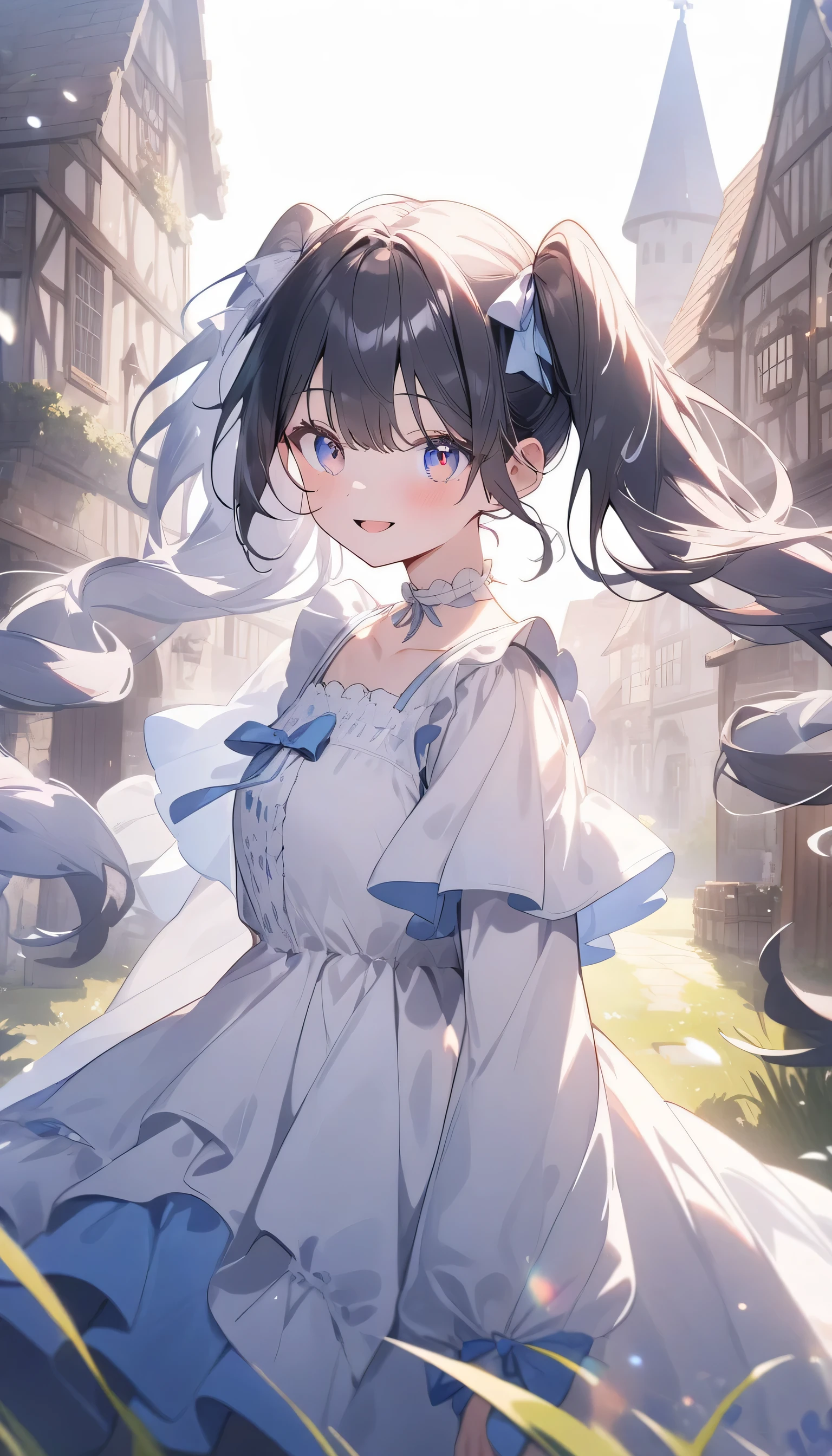 (highest quality、masterpiece、High resolution、detailed)、4K、beautiful anime、(Shining eyes、detailed beautiful face)､no text, 1girl,
BREAK
anime,white background,double exposure silhouette twintail girl and grass in medieval town photo scenery,wearing layered dress