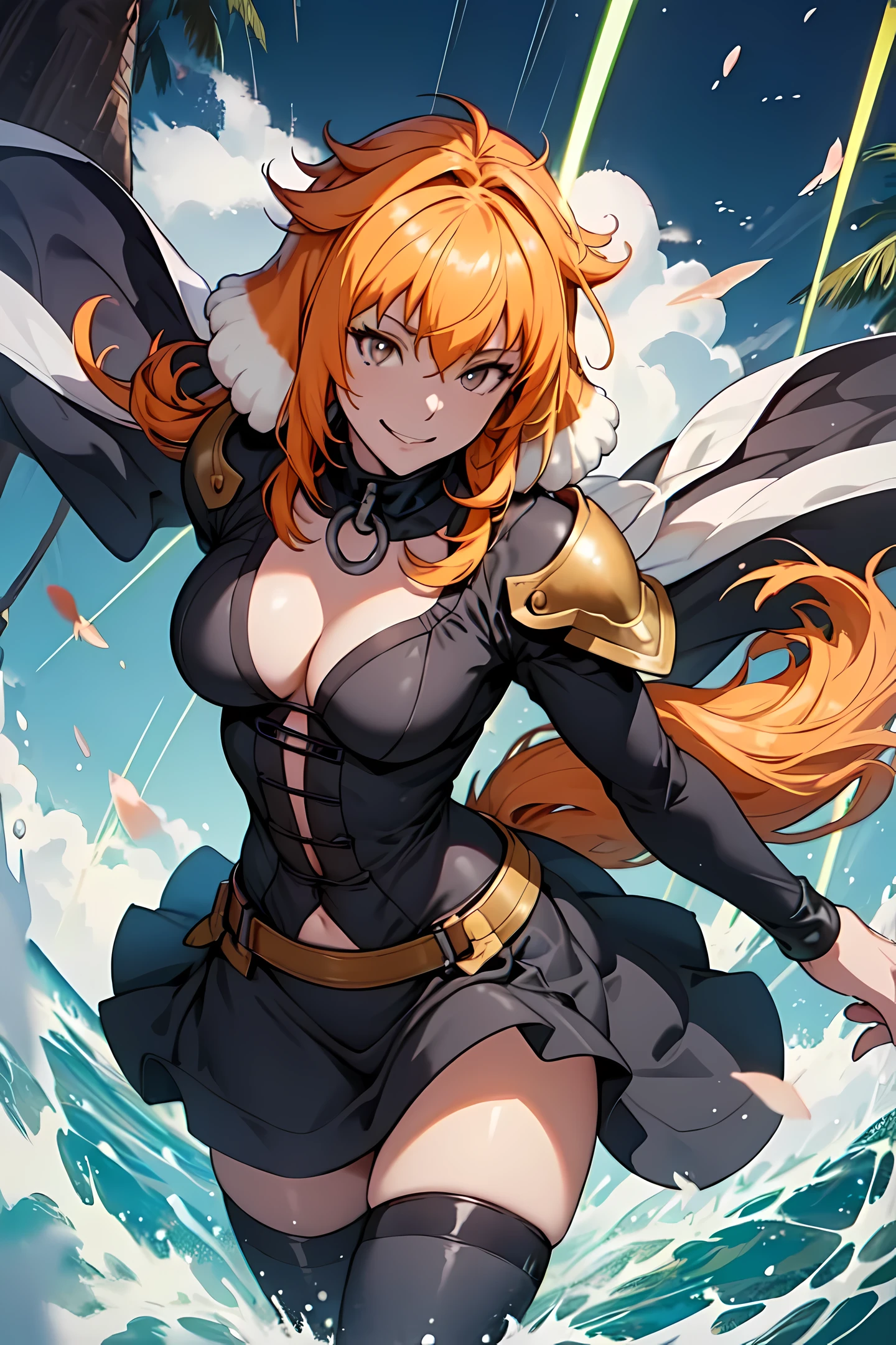 Anime, roxanne, dog ears, (dog tail), flying through the sky with black angel wings, golden leotard armor, In Battle, Chaos, shooting laser beams from hands, masterpiece ,pantyhose, boots,magicagirl body suit, large skirt, smile, long skirt,standing,smile forest,smile, gold eyes