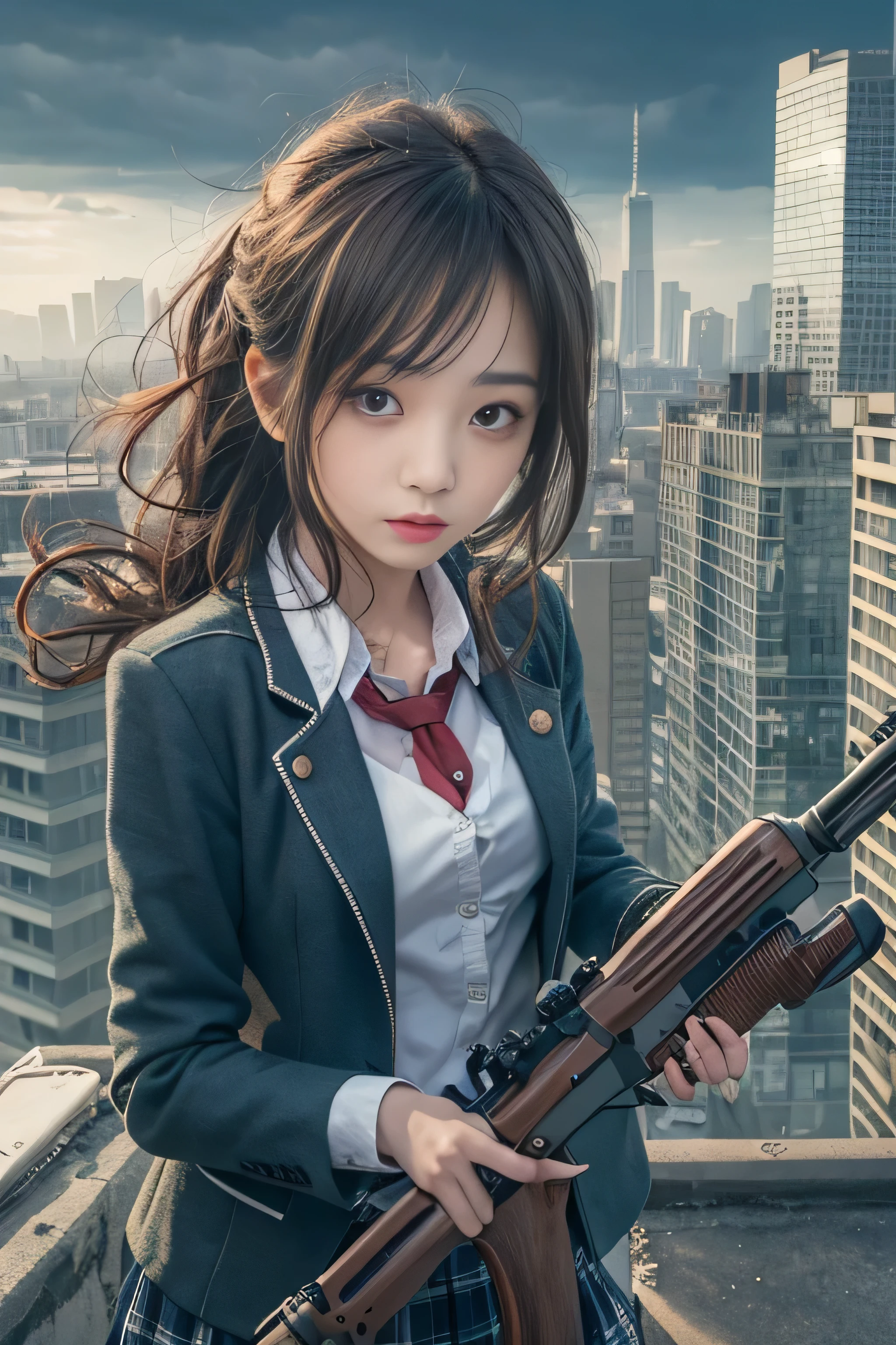 1 female、(super beautiful)、(beautiful face:1.5)、(detailed face)、standing、(HigH-scHool uniform)、dark blue jacket、wHite sHirt、tie、plaid mini skirt、Brown Hair、(dark makeup)、(Holding rifle)、(Please point your rifle:1.5)、H&For HK416、(On tHe roof of a HigH-rise building)