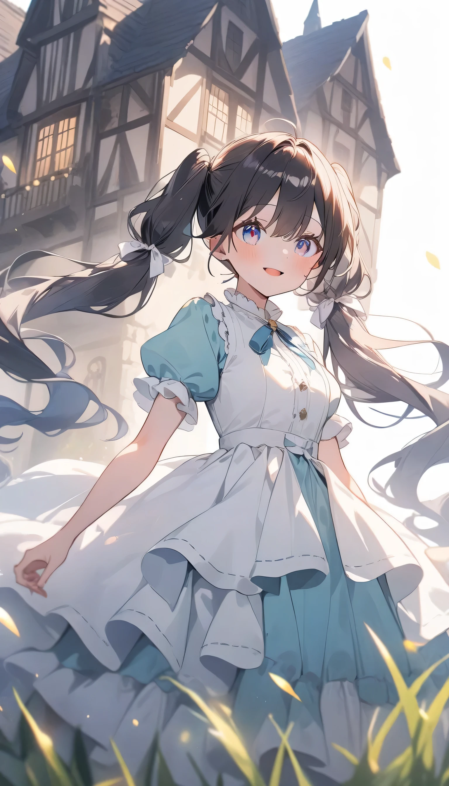 (highest quality、masterpiece、High resolution、detailed)、4K、beautiful anime、(Shining eyes、detailed beautiful face)、no text, 1girl,
BREAK
anime,white background,double exposure silhouette twintail girl and grass in medieval town photo scenery,wearing layered dress