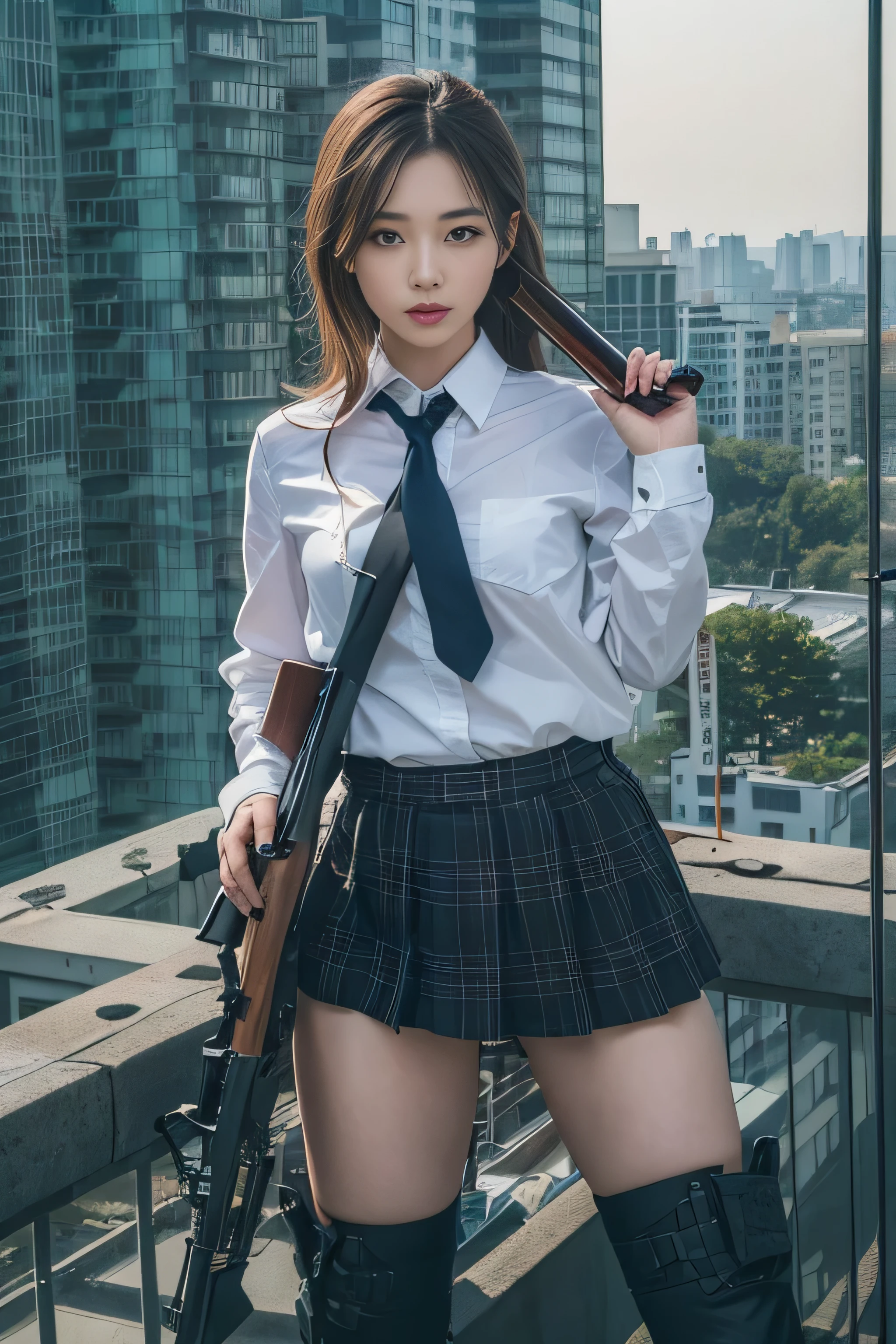 nffsw、top-quality、hight resolution、ultra-detailliert、​masterpiece、Raw photography、realisitic、Photorealsitic:1.5、extremely delicate and beautiful、finely detail、1womanl、(European:1.3)、(Super beautiful)、(beauitful face:1.5)、(A detailed face:1.2)、is standing、(high-school uniform:1.1)、Dark blue jacket、white  shirt、neck tie、(Plaid mini skirt:1.2)、(Golden head hair:1.4)、(blue eyess:1.2)、(Dark makeup)、(holding rifle)、(Aim your rifle:1.5)、h&K HK416、(On the roof of a high-rise building)、(Night)、(with spreading legs:1.1)、(white  panties)、(At SFW:1.3)