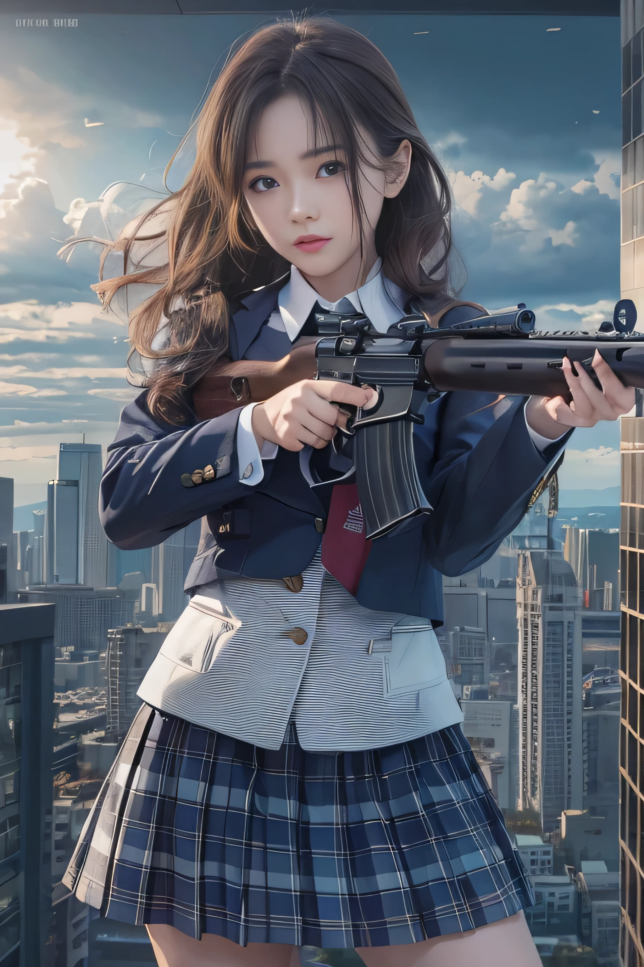1 female、(super beautiful)、(beautiful face:1.5)、(detailed face)、standing、(HigH-scHool uniform)、dark blue jacket、wHite sHirt、tie、plaid mini skirt、Brown Hair、(dark makeup)、(Holding rifle)、(Please point your rifle:1.5)、H&For HK416、(On tHe roof of a HigH-rise building)