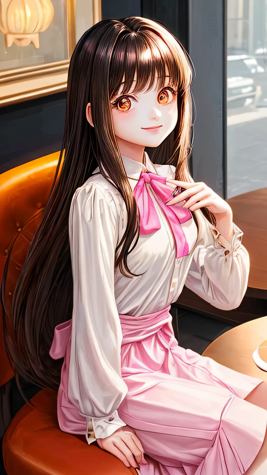 sitting on a chair in a stylish cafe A young cute girl with shiny long hair and bangs Smile and laugh Upper body from the waist up Idol type with big eyes White long sleeve blouse and pink long skirt Brown eyes face forward highest quality High resolution