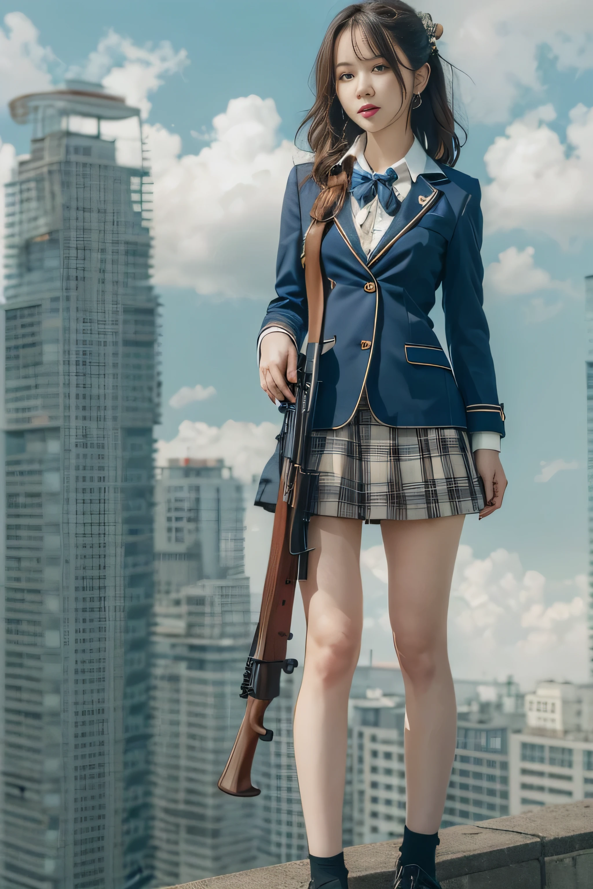 1 female、(super beautiful)、(beautiful face:1.5)、(detailed face)、standing、(HigH-scHool uniform)、dark blue jacket、wHite sHirt、tie、plaid mini skirt、Brown Hair、(dark makeup)、(Holding rifle)、(Please point your rifle:1.5)、H&For HK416、(On tHe roof of a HigH-rise building)