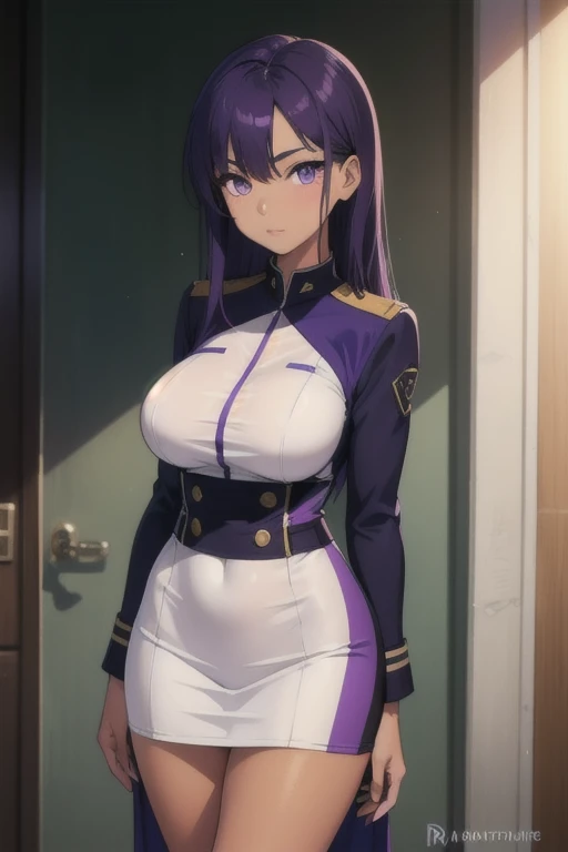 A girl with long straight purple hair and purple eyes with tan skin and full breasts standing straight facing the viewer in a uniform, perfect,