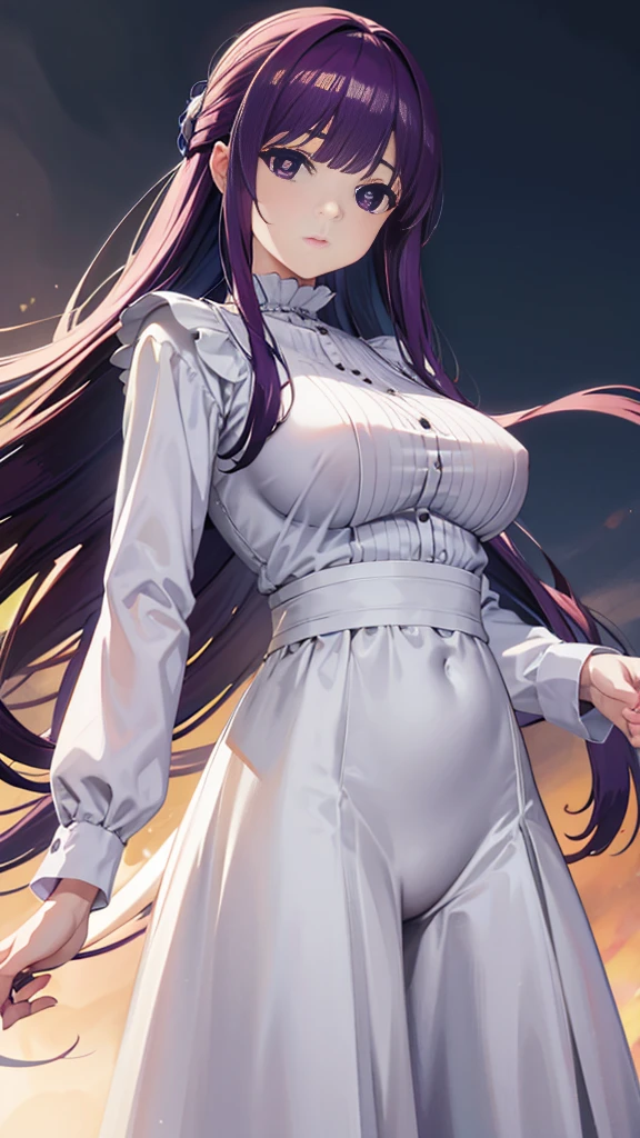 Super detailed, ????, masterpiece, High resolution, Photorealistic digital art, perfect lighting, (((1 girl, perfect ???????))), accurate right hand, accurate left hand, five fingers, perfect style, Detailed face, Fern, purple eyes, glossy lips, purple hair, shiny skin, smile, Pure white long sleeve blouse, pure white long skirt, Ample ???????, Naughty ???????, Fantasy art,