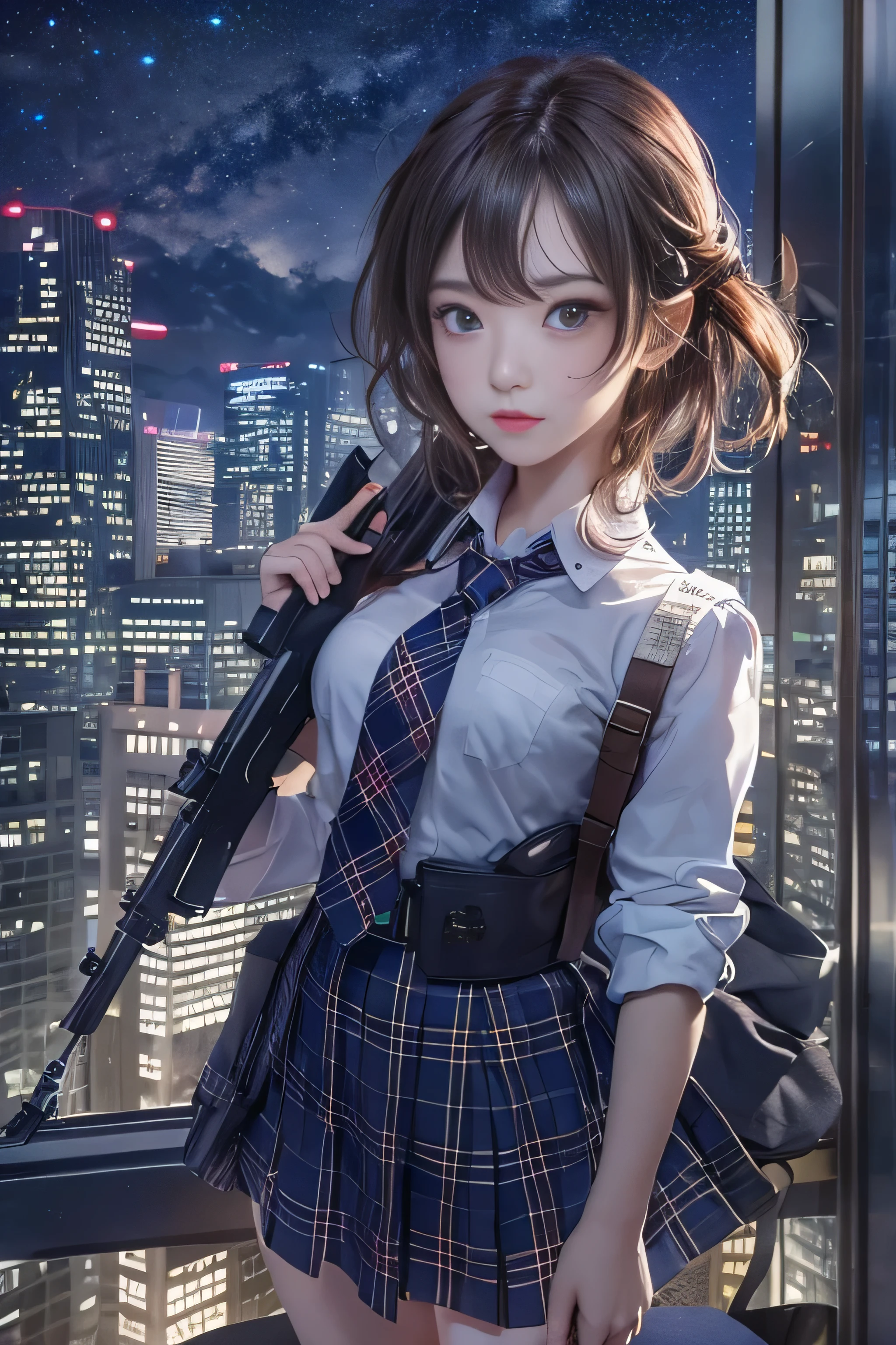 1 female、(super beautiful)、(beautiful face:1.5)、(detailed face)、standing、(HigH-scHool uniform)、dark blue jacket、wHite  sHirt、tie、plaid mini skirt、Brown Hair、(dark makeup)、(Holding rifle)、(Please point your rifle:1.5)、H&For HK416、(On tHe roof of a HigH-rise building), night, starry sky, milky way,
