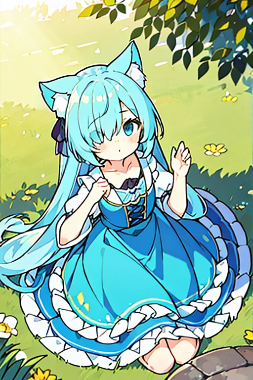 (solo:1.2)),loli, cute girl sitting,(kneeling),long skirt,from above,looking up,aqua hair,long hair,(hair over one eye),(dappled sunlight:1.2),blurry,(depth of field:1.1),head tilt,paw pose, frilled dirndl, nekomimi