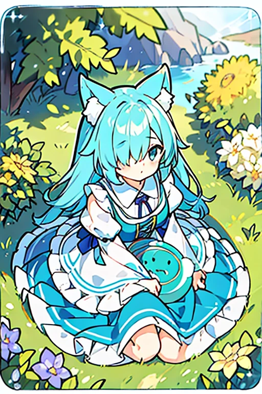 (solo:1.2)),loli, cute girl sitting,(kneeling),long skirt,from above,looking up,aqua hair,long hair,(hair over one eye),(dappled sunlight:1.2),blurry,(depth of field:1.1),head tilt,paw pose, frilled dirndl, nekomimi