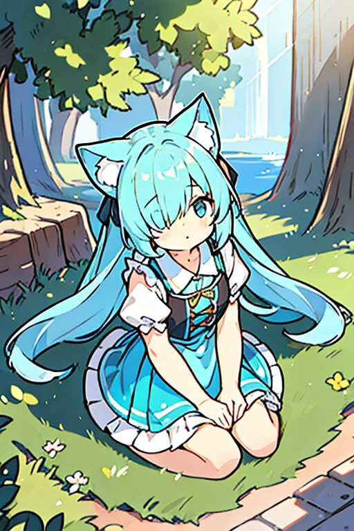 (solo:1.2)),li, cute girl sitting,(kneeling),long skirt,from above,looking up,aqua hair,long hair,(hair over one eye),(dappled sunlight:1.2),blurry,(depth of field:1.1),head tilt,paw pose, frilled dirndl, nekomimi