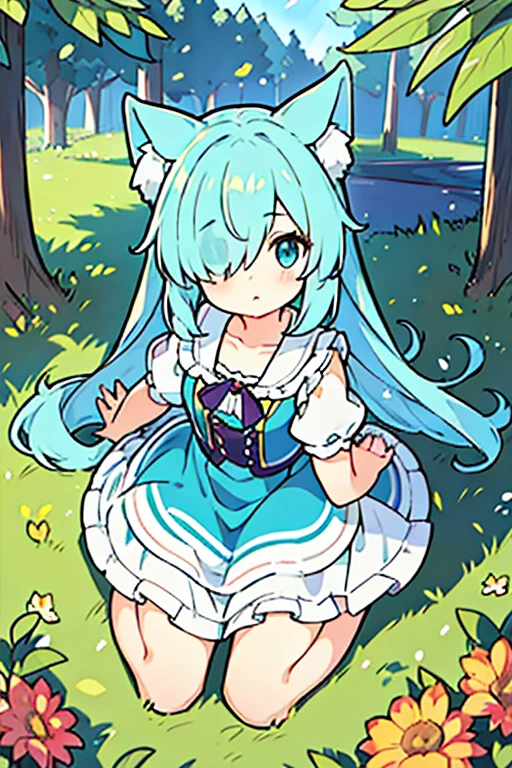 (solo:1.2)),li, cute girl sitting,(kneeling),long skirt,from above,looking up,aqua hair,long hair,(hair over one eye),(dappled sunlight:1.2),blurry,(depth of field:1.1),head tilt,paw pose, frilled dirndl, nekomimi