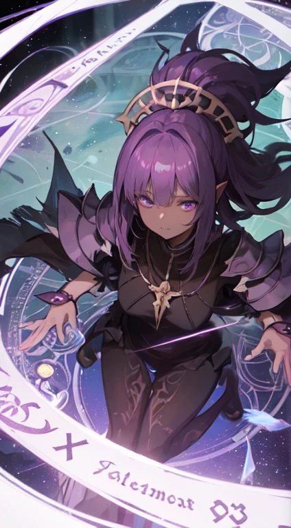 32 year old female ,dark purple hair, purple eyes, Thin, Big , dark skin,Dark Priest, Dark Elf, Black Persian Priest Light Armor, magic circle, Make it like tarot anime style but without the frame, No eyes , Dark energy, Black particles, Demon God, color