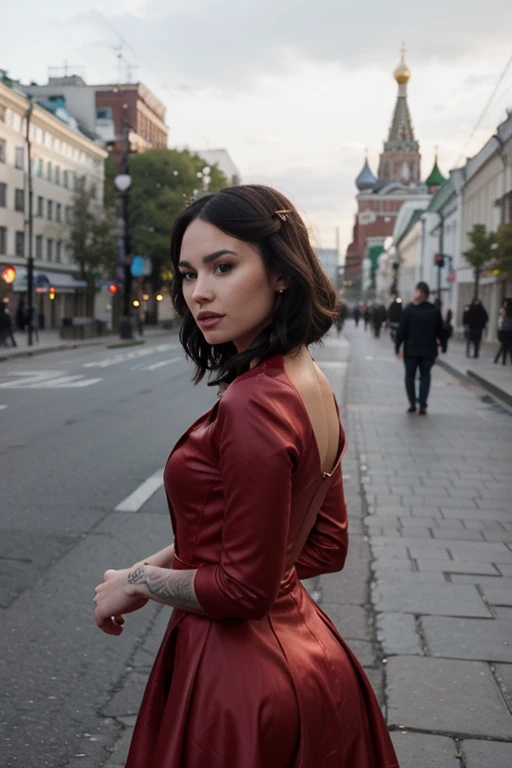 Demi Lovato in red dress, in Moscow, tverskaya street