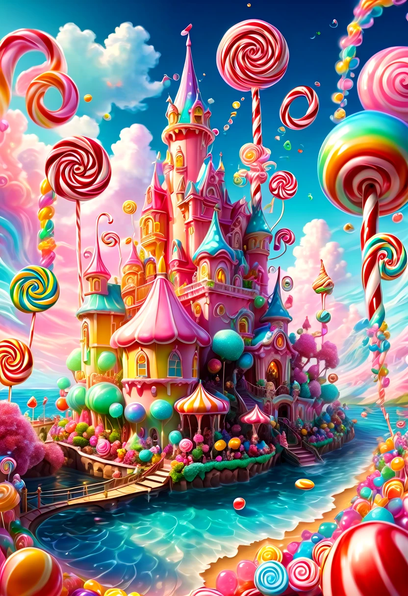 1girl, Candyland, aesthetic, (best quality, highres), ultra-detailed, (realistic:1.37), vibrant colors, candy-themed, dreamlike, enchanting, whimsical, sunlit, joyful, playful, sugary attire, magical, enticing aroma, candy castle, candy river, cotton candy clouds, lollipops, candy cane columns, sugar sculptures, gumdrop boats, candy fish, vibrant flowers, cheerful musicians