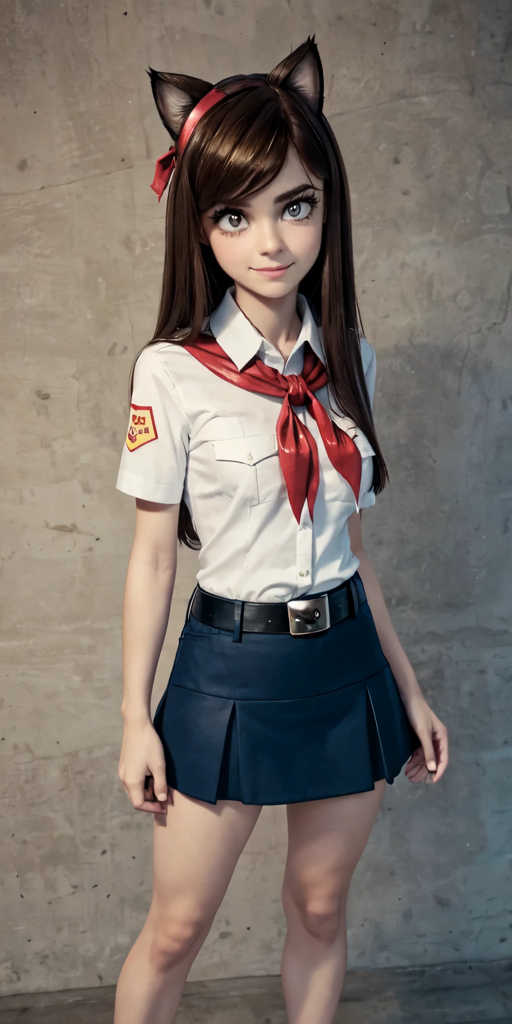 (full body shot:1.3), very young slim fit girl, at full height, rounded face, very long disheveled dark brown hair, big brown eyes, shy smile, accurate eyebrows, perfect flat breast, band on head with fake cat ears, parororo, pioneer neckerchief, blue thight microskirt, bangs, shirt, collarbone, white shirt, short sleeves, (white collar:1.1), (collared shirt:1.3), belt, eyelashes, (red neckerchief:1.3), breast pocket, accurate small snub nose, ariawm