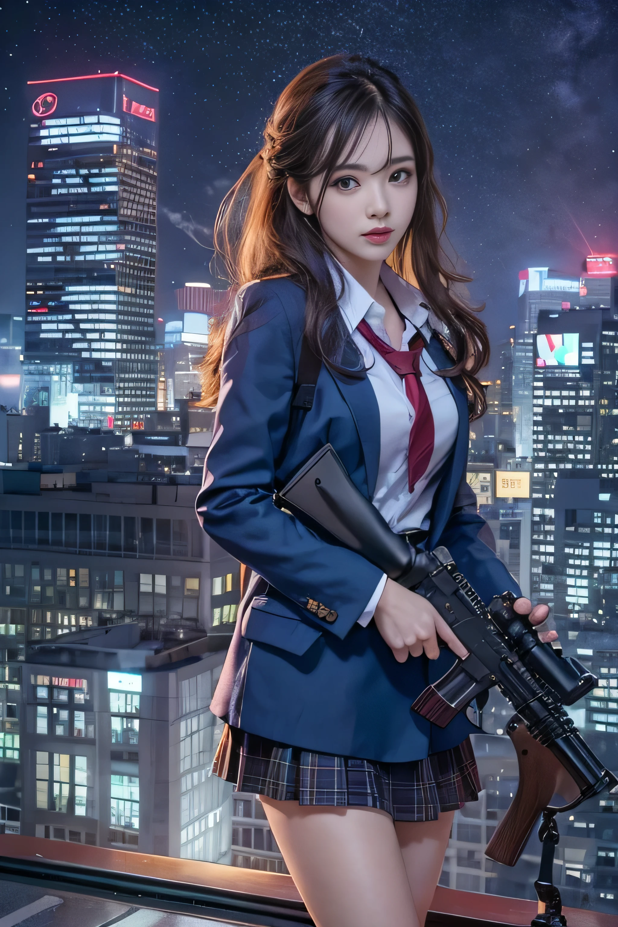 1 female、(super beautiful)、(beautiful face:1.5)、(detailed face)、standing、(HigH-scHool uniform)、dark blue jacket、wHite sHirt、tie、plaid mini skirt、Brown Hair、(dark makeup)、(Holding rifle)、(Please point your rifle:1.5)、H&For HK416、(On tHe roof of a HigH-rise building), night, starry sky, milky way,