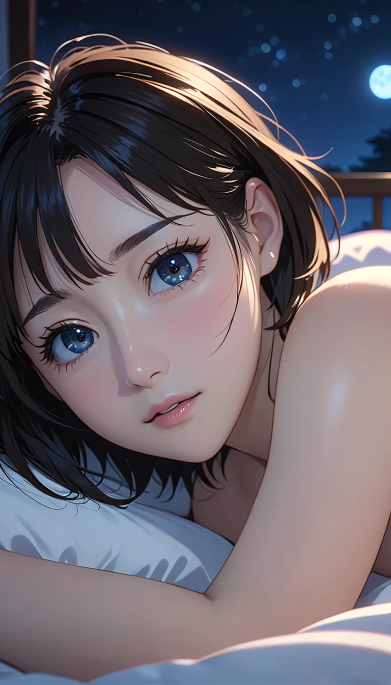 National Science Foundation,masterpiece, High resolution, digit, Kyoto Animation Style, Your name is cinematic style, night, midnight, Light, (1 female: 1.3), (alone: 1.4), long eyelashes, short bob, , lying down,  topless,Lying in bed、dynamic poses，close up，Close up