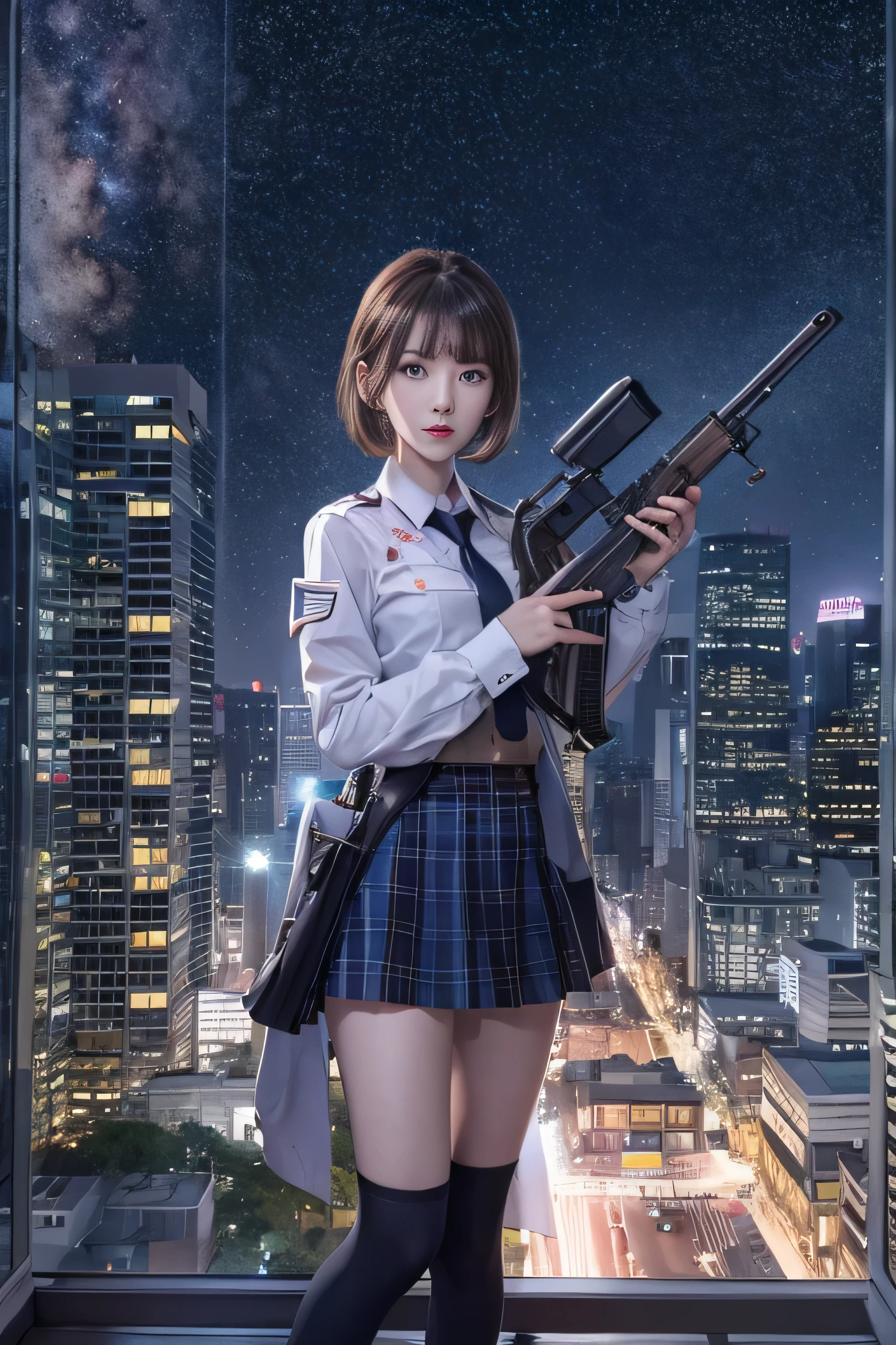 1 female、(super beautiful)、(beautiful face:1.5)、(detailed face)、standing、(HigH-scHool uniform)、dark blue jacket、wHite sHirt、tie、plaid mini skirt、Brown Hair、(dark makeup)、(Holding rifle)、(Please point your rifle:1.5)、H&For HK416、(On tHe roof of a HigH-rise building), night, starry sky, milky way,