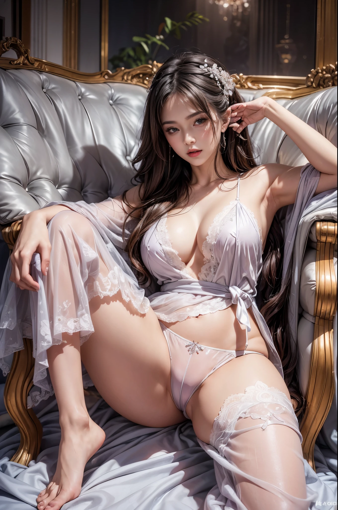 Best quality， tmasterpiece， ultra high resolution， （realistically：1.4）， RAW photos， 1 plump girl， (Thong pants)，（（lace dressing gown））， （（Small under breasts））， cold light，dynamicposes，pyjamas，(spread your legs:1.4)，(open your feet)，Pretend to sleep，