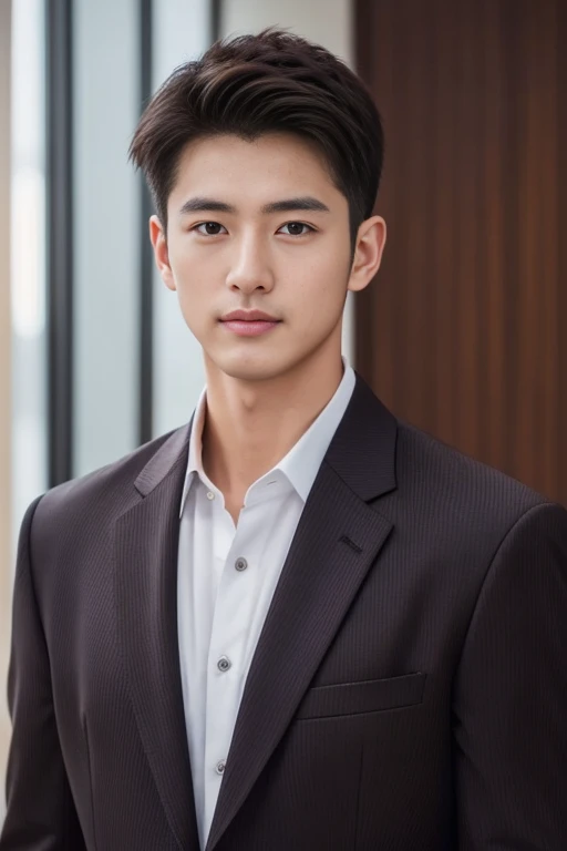 dark brown suit、　20-year-old fresh and handsome new employee、　（Super handsome S-class suit guy）、　Japanese 20-year-old boy、　merchant、　Ultra-luxury set、　office、　Stand up in a suitＳYoung handsome man、　Full body image、　（CG Unity 8K high-detail photos）、　（a very detailedＳThe handsome guy in the class）、　（Photos are real）、　　（（top quality））、　Super detailed、　（​Masterpiece）、　Ultra high quality、　High、　audience、　gentleman、　very beautiful hair、　short hair、　bright photos、　As handsome as a model、　As handsome as an idol、　Luxury watches、　cool zone、　Japanese