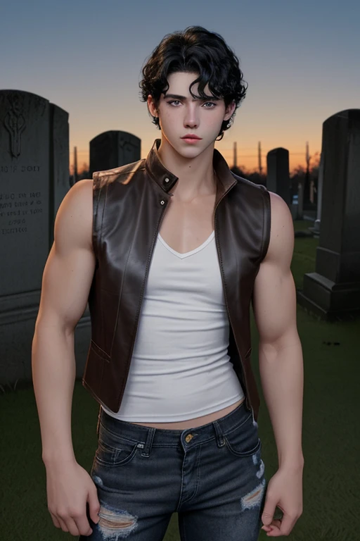 20 year old boy curly black hair open brown leather vest white sleeveless shirt muscular build blue eyes black jeans looking straight at the viewer in a cemetery at night 