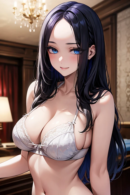 ((Black hair))), long hair, (((blue eyes))),(((forehead))) sexy, large breasts, beautiful body, masterpiece, smile, (((white lingerie))),sexy lingerie, hotel bedroom pool,busty, buxom, curvy, voluptuous,Sexual Intercourse