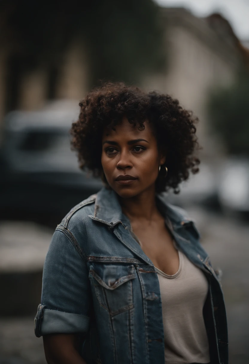 Portrait of a 30 year old black woman. She  has short curly hair, wears light clothes and a ragged up jeans jacket with a lot of activist and communist pins and patches on it.