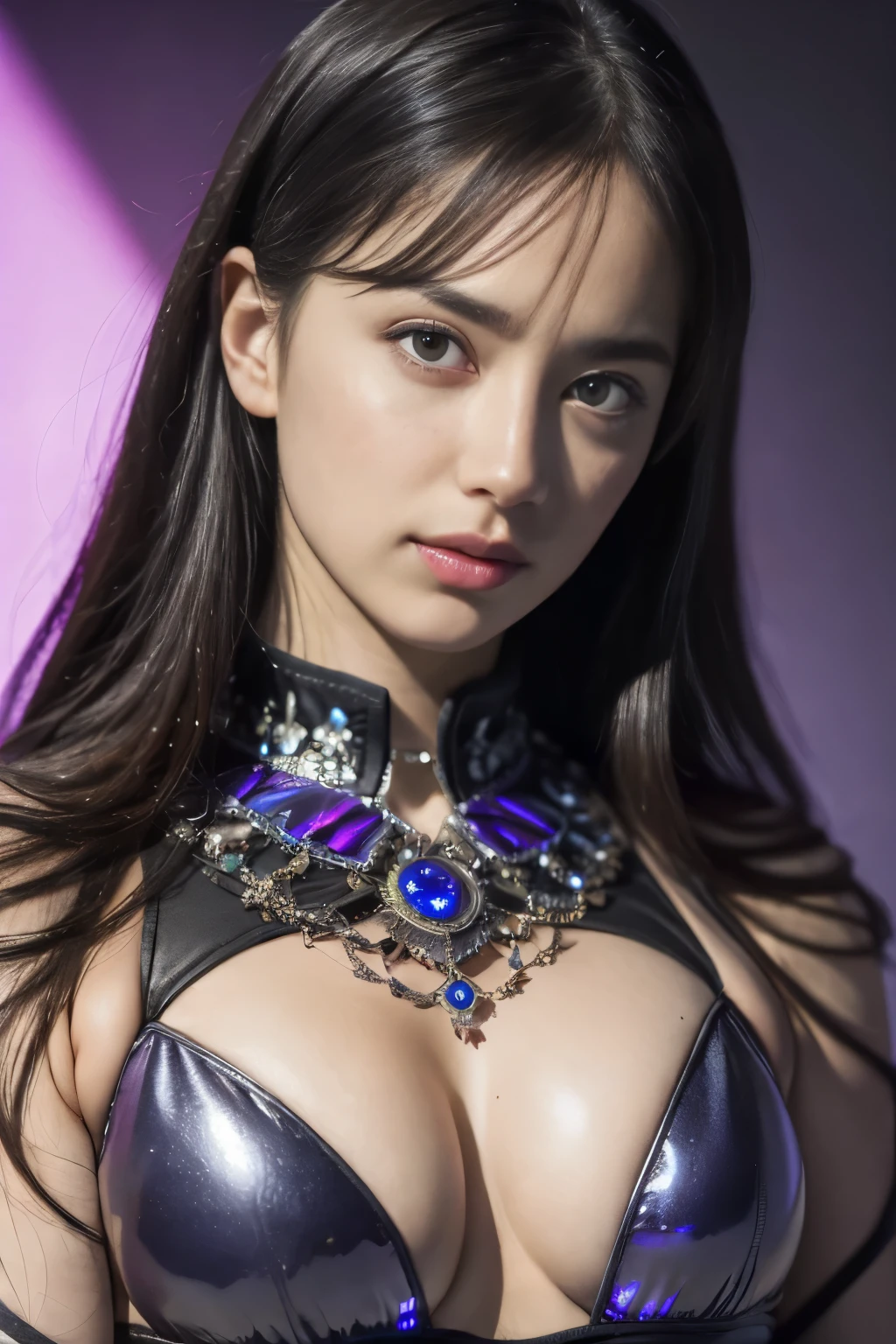 (best quality, 4k, highres, masterpiece:1.2), ultra-detailed, realistic:1.37, nanosuit clad female warrior, fractal pattern, , model pose, vibrant colors, studio lighting, Beautiful  face, Portrait, (Thick eyebrows:0.7), (detailed large iridescent eyes:1.4), Beautiful eyes with fine symmetry, Intimate face, (ultra detailed skin texture:1.1), pale skin, Perfect , (Beautiful toned body:1.1), Hair Bow, (Moist skin:1.2), no makeup, dark circles, Focus Face, good-looking, (Emilia Clark:0.6) (Emma watson:0.3),(Jennifer Connelly:0.4), (sensual face:1.3),