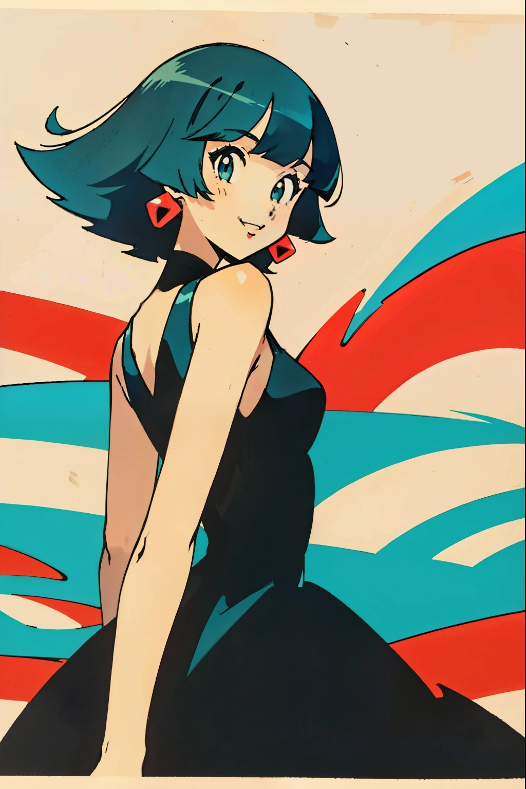 by Ken Sugimori, sugimori 1990s, ((only 1woman)), flapper dress, long earrings, smiling ((no background)), ((hands behind their back)), full black pupils, manga, best quality, highly detailed, clean lines, cowboy shot, good hands, good eyes, hd, 8k, professional, symmetrical, hires, 8k,